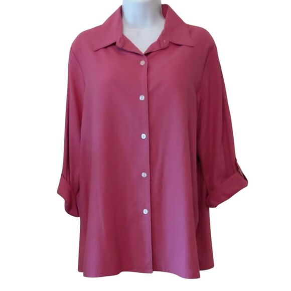 Silk Deep Pink Rose Button-Up Women's Top 3/4 Roll-up Sleeve Oversized Sz M - Picture 1 of 9
